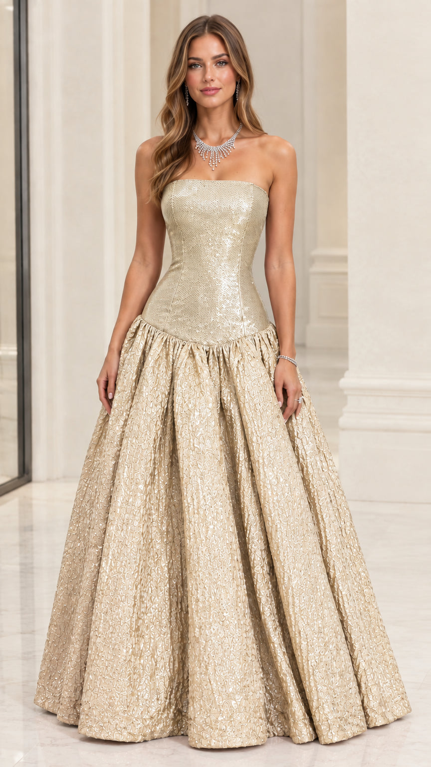 Model wearing Champagne Gold strapless shimmering evening ball gown