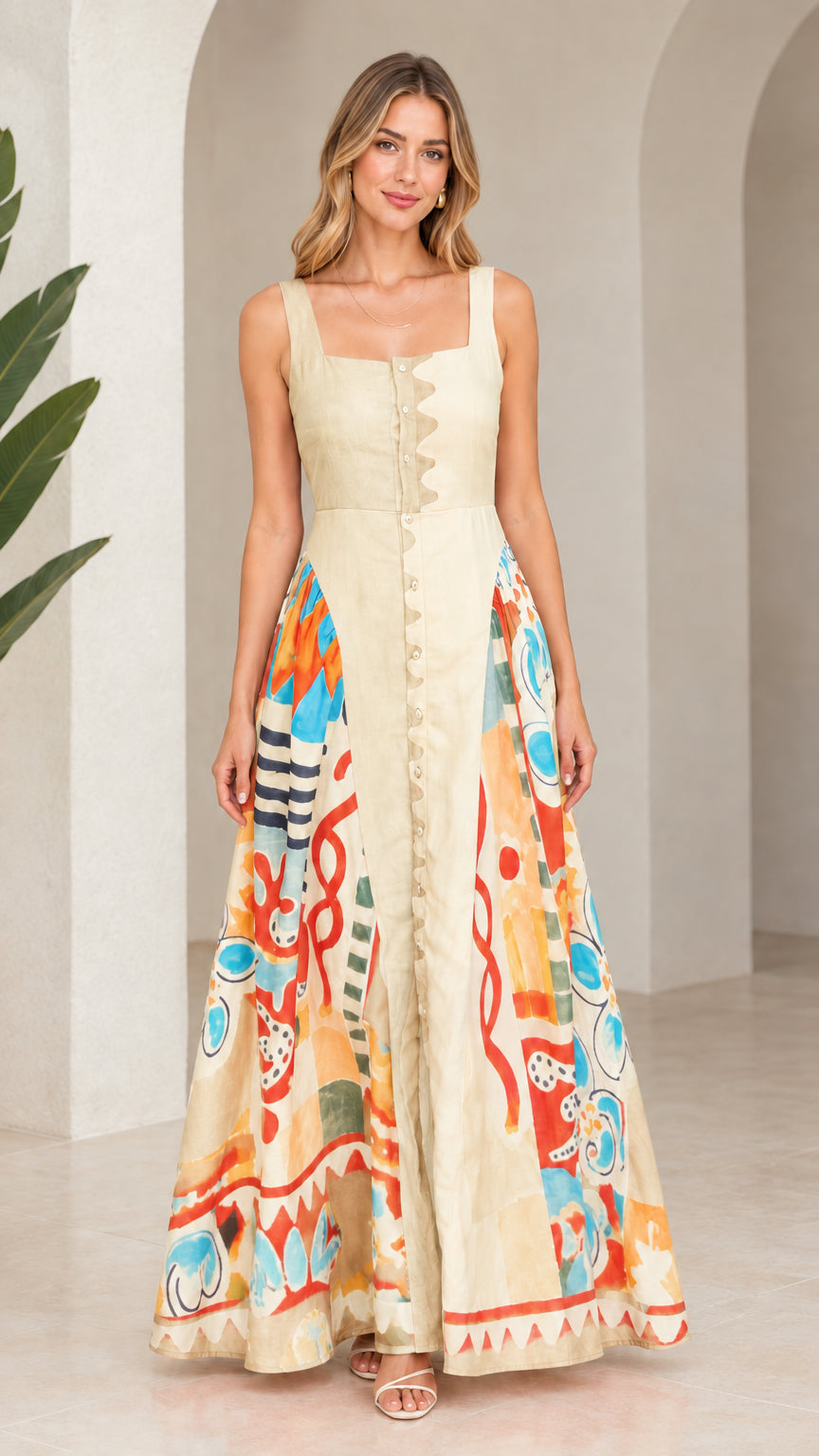 Front view of warm beige monochrome abstract print sleeveless maxi dress