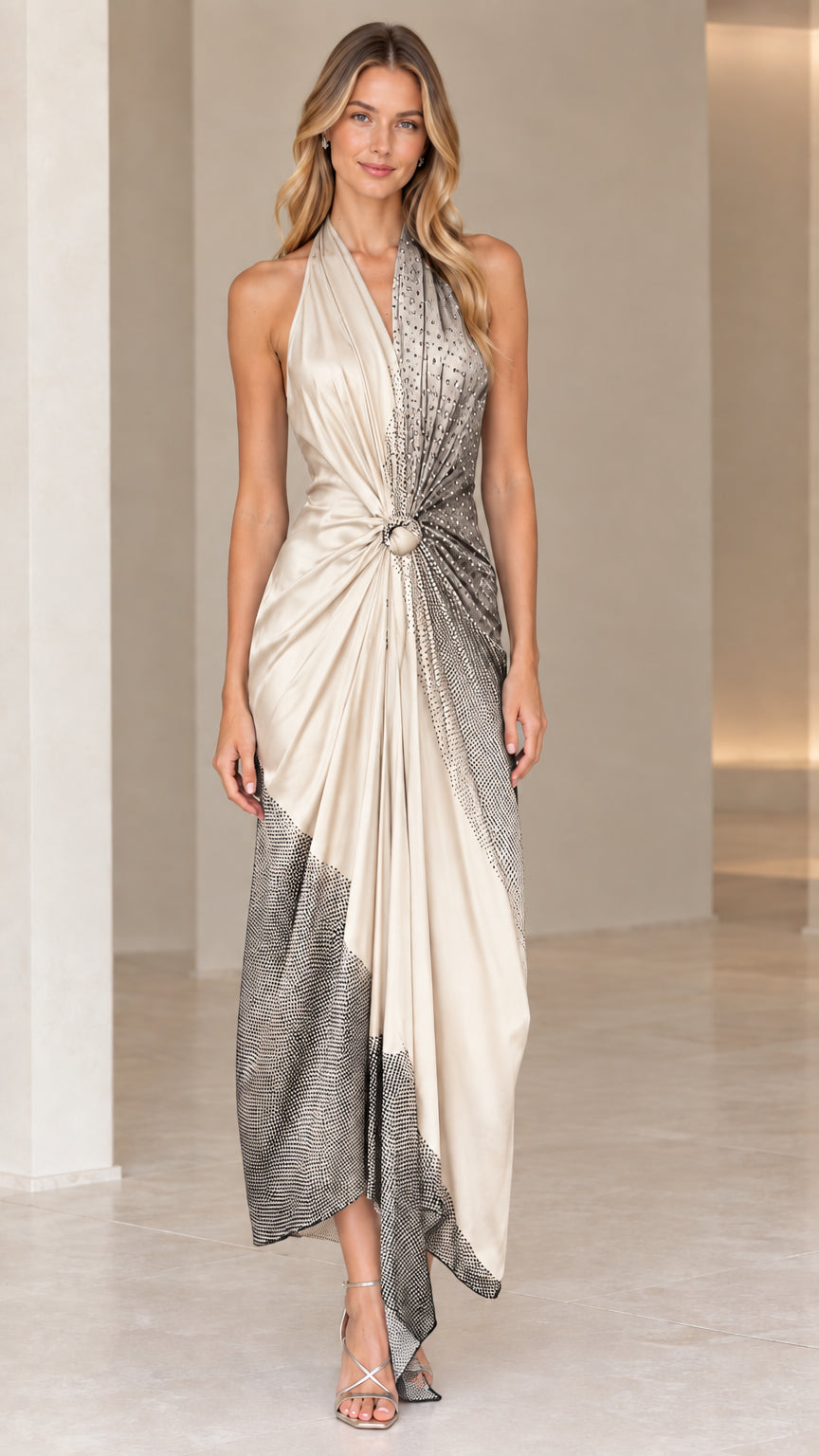 Front view of model wearing Champagne Charcoal halter backless draped maxi dress