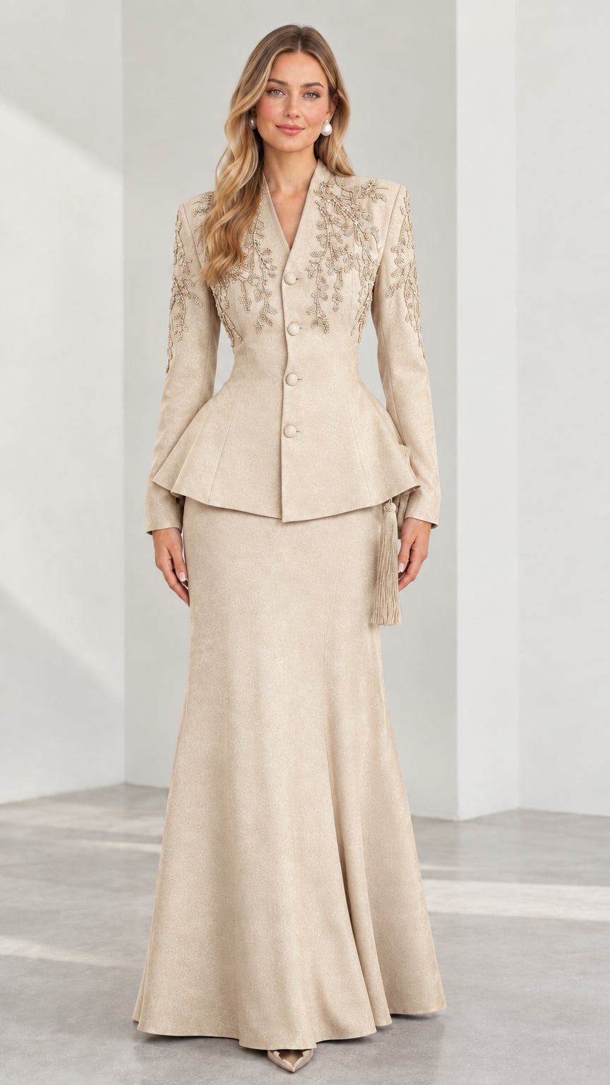 Front view of champagne beige embroidered peplum jacket and floor-length skirt