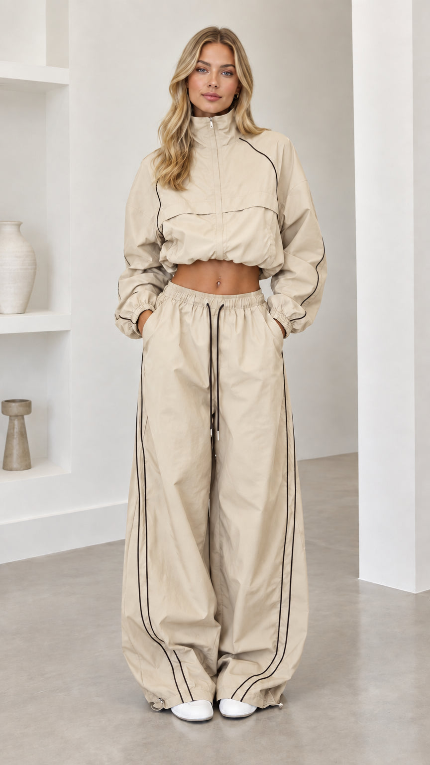 Model wearing light beige cropped windbreaker and wide-leg track pants set with black piping