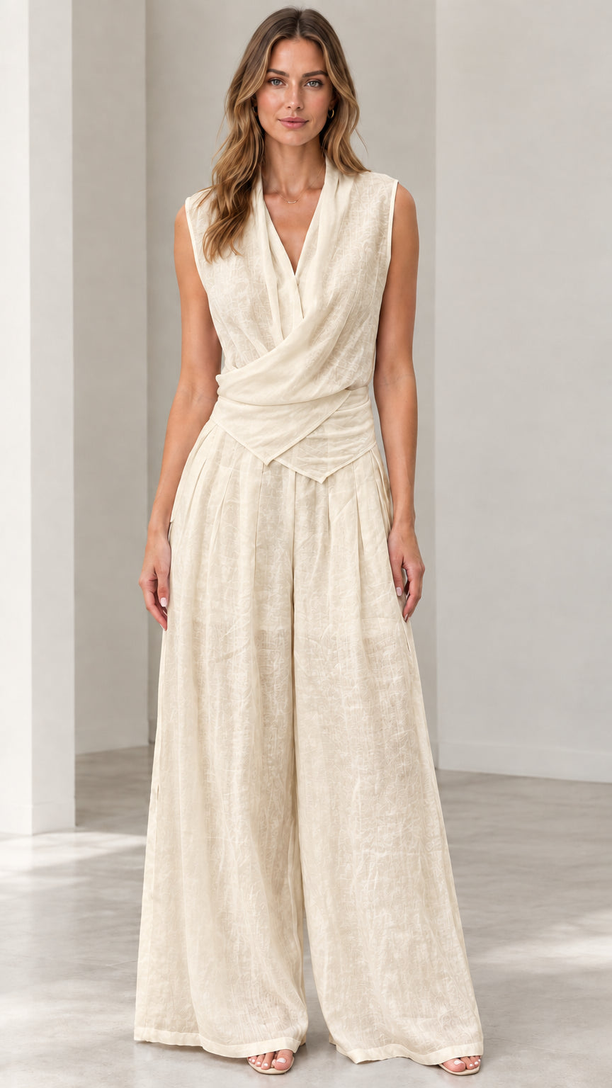 Front view of woman wearing beige sleeveless draped wide-leg jumpsuit