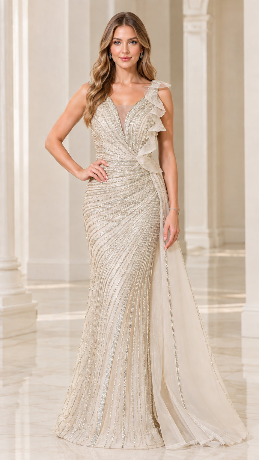 Champagne gold sequined mermaid gown with ruffled shoulder and illusion V-neck