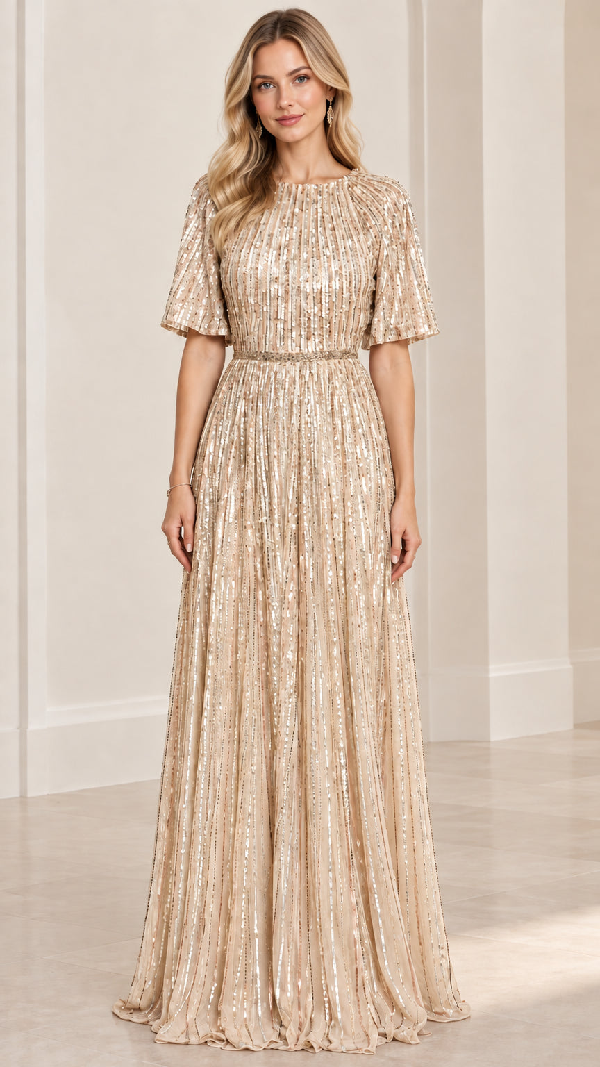 Front view of woman wearing champagne gold sequin pleated maxi gown