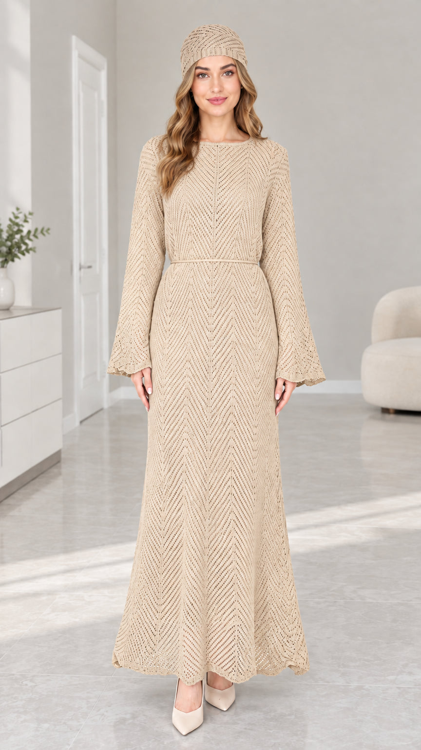 Front view of woman wearing Beige textured knit bell sleeve maxi dress