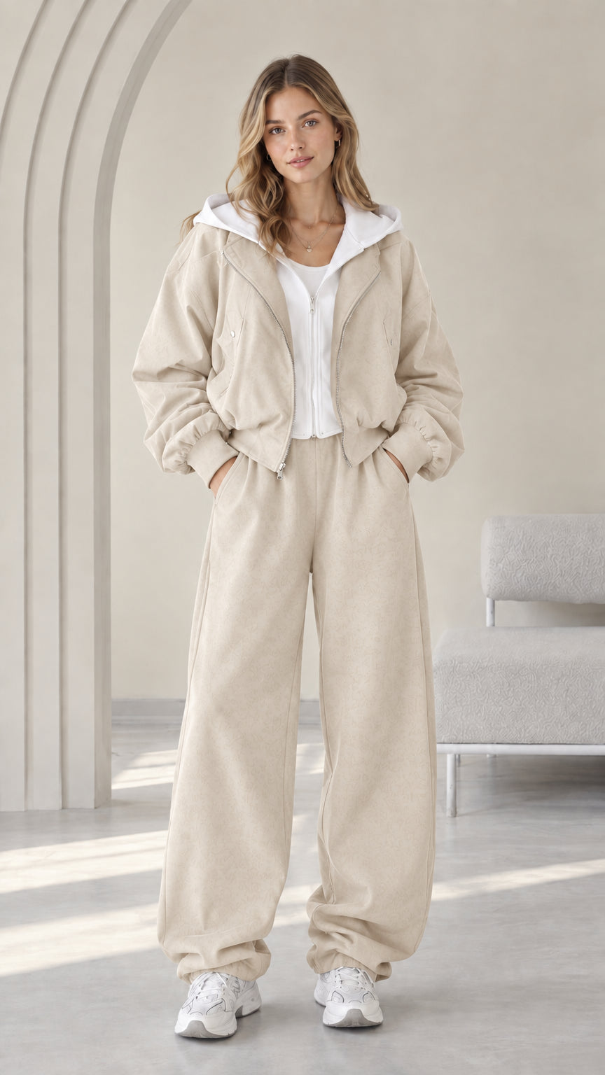 Front view of model wearing the Beige cream contrast hooded jacket and wide-leg pants set