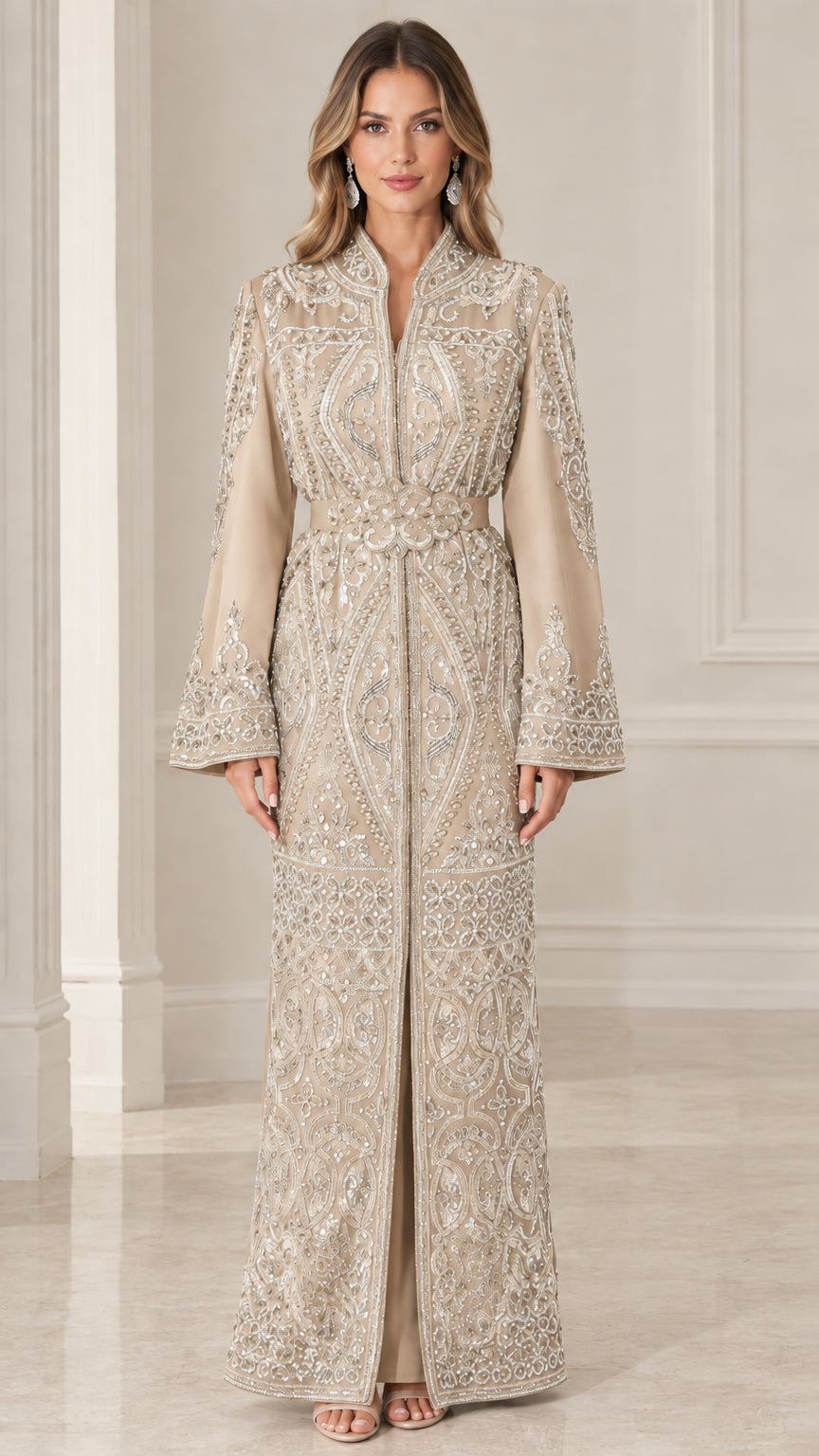 Front view of champagne beige sequin embroidered kaftan maxi dress