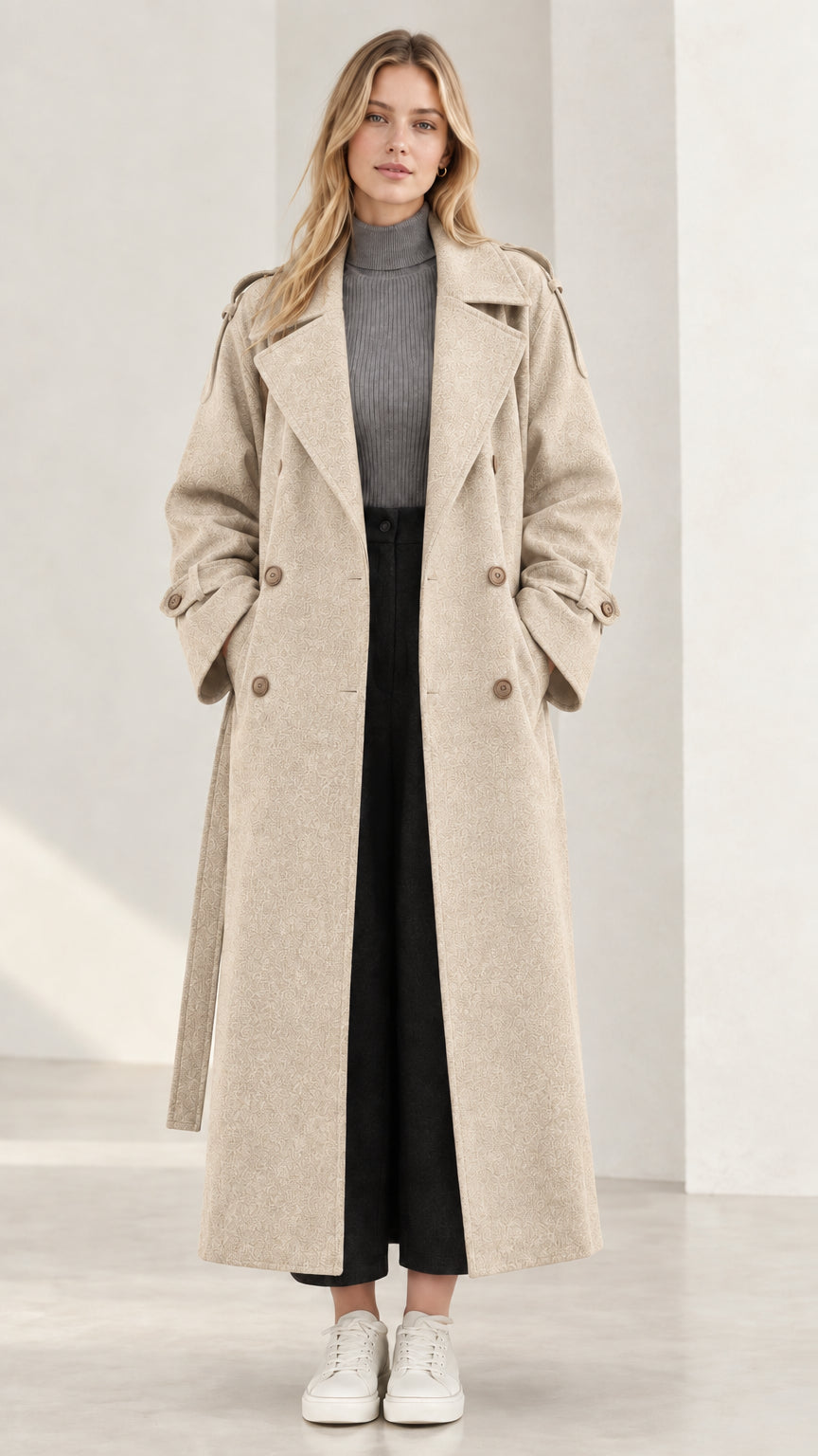 Front view of longline beige oatmeal textured trench coat