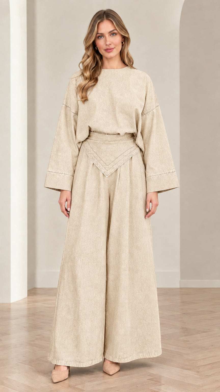 Women's beige cream two-piece wide-leg pant set front view