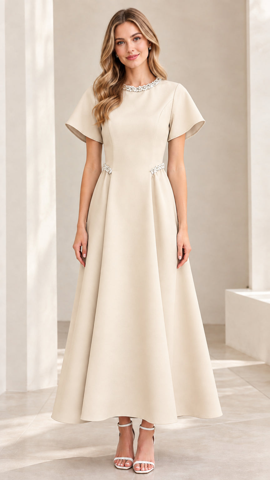 Model wearing Champagne cream pearl-adorned A-line evening dress