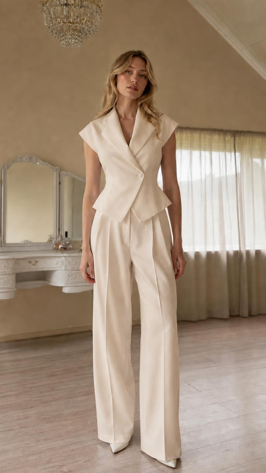Full view of beige color variant two-piece pants set