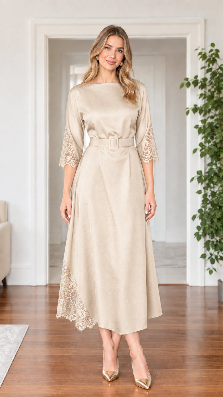 Front full-length view of woman wearing champagne beige lace trim belted midi dress