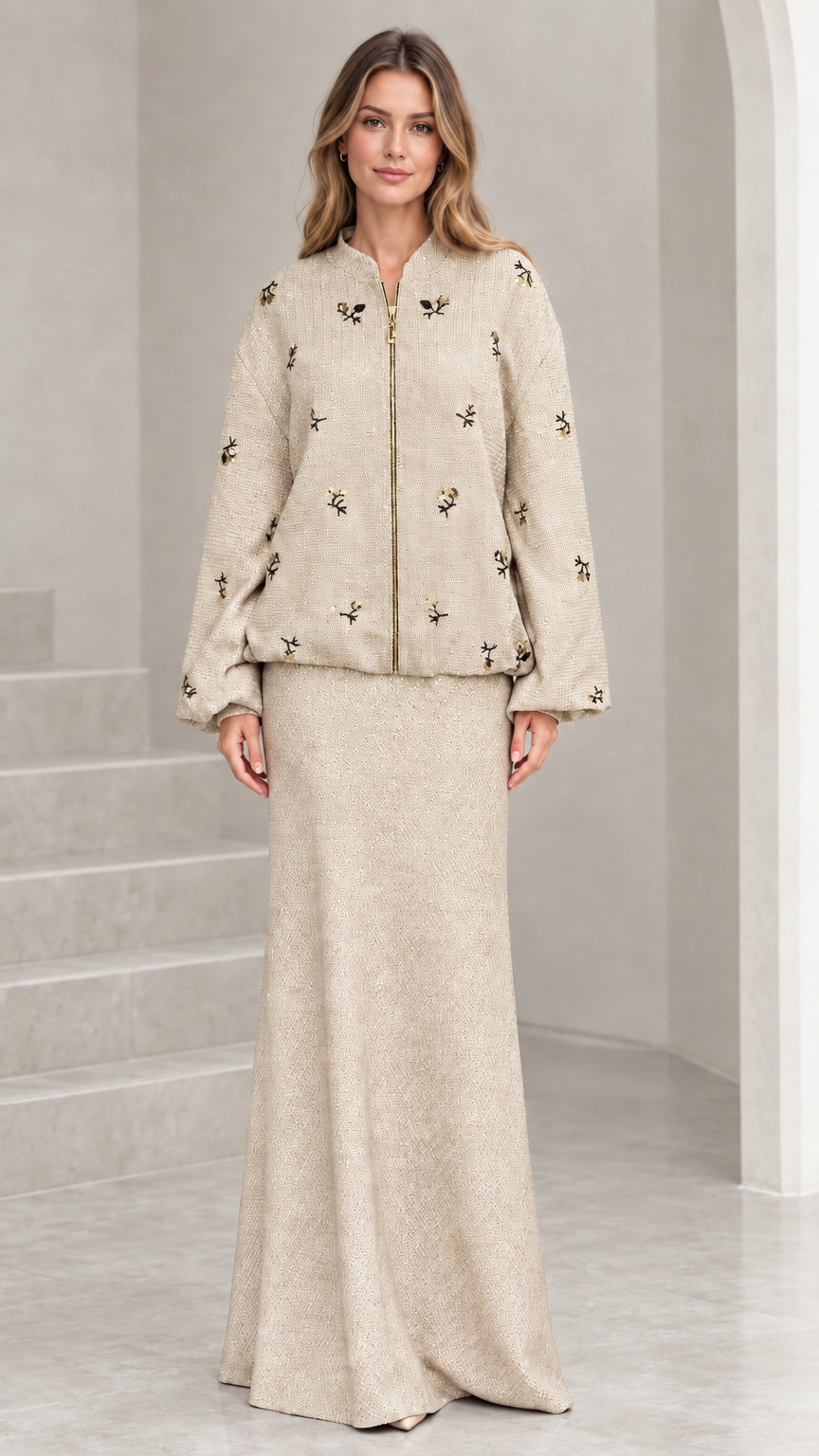 Full-length view of beige champagne beaded tweed jacket and maxi skirt set