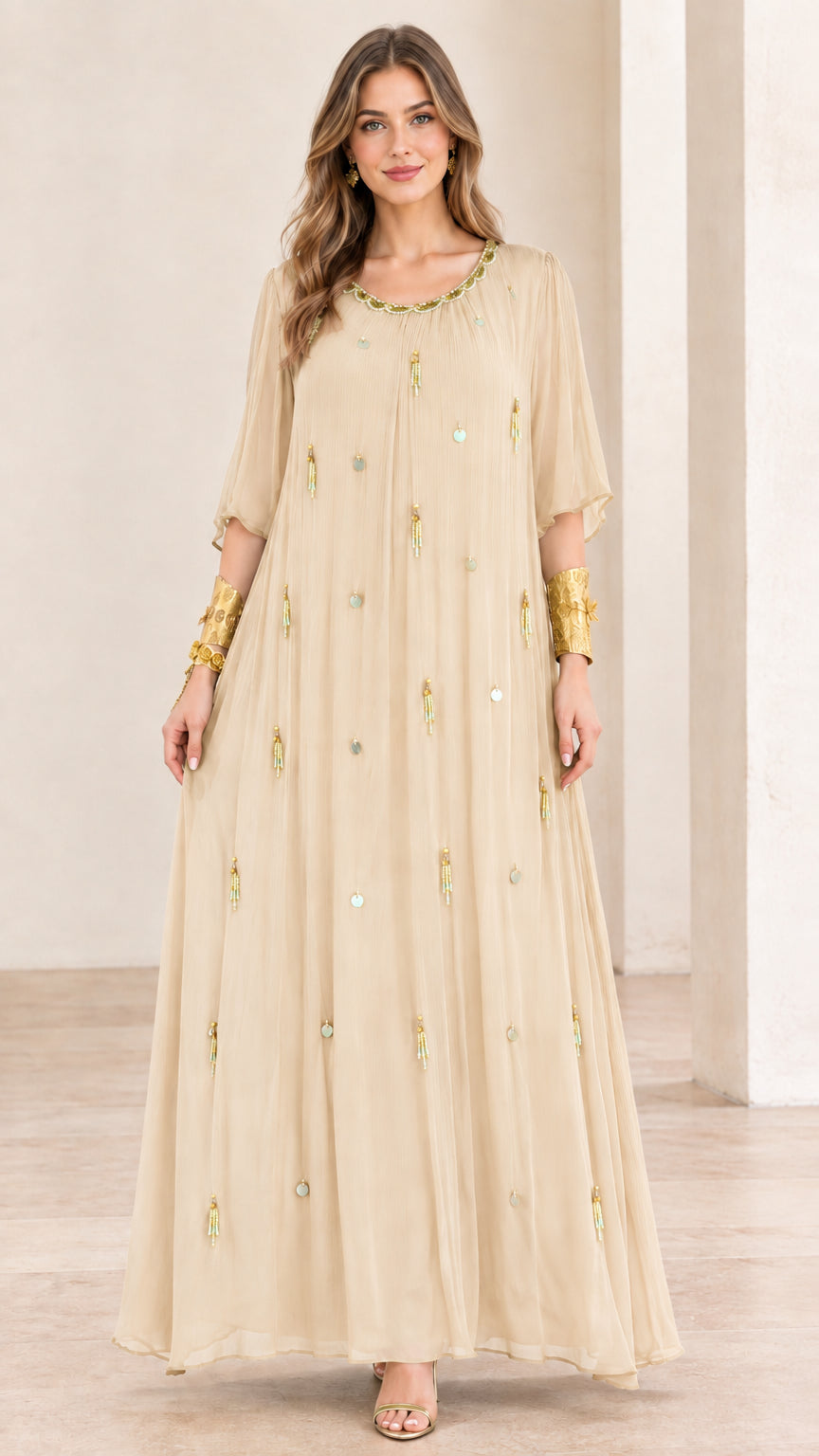 Full-length front view of champagne beige beaded pleated chiffon maxi dress