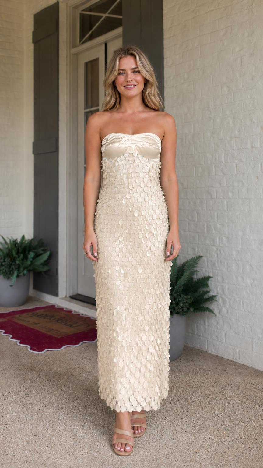 Full length view in champagne color variant