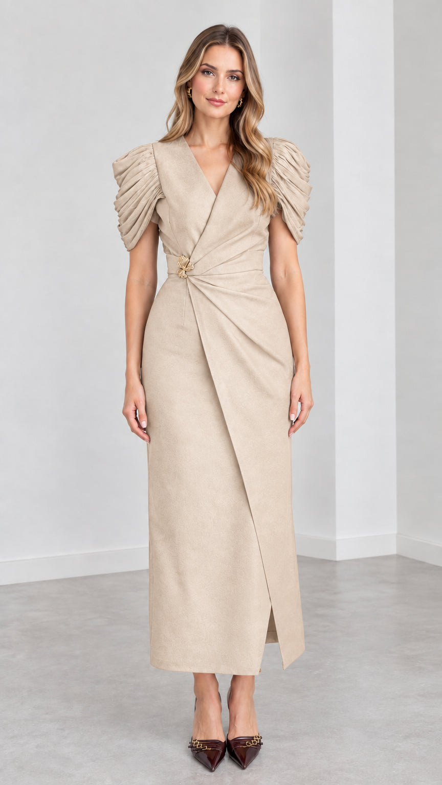 Front view of woman wearing Beige neutral elegant pleated cap sleeve evening gown