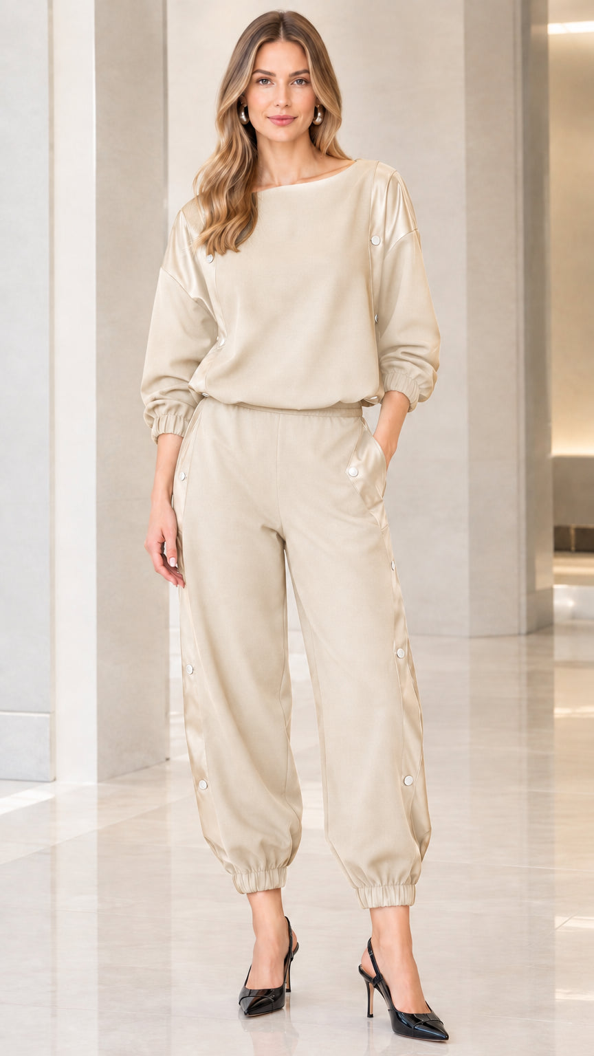 Front full view of women's beige champagne matching top and jogger pants set