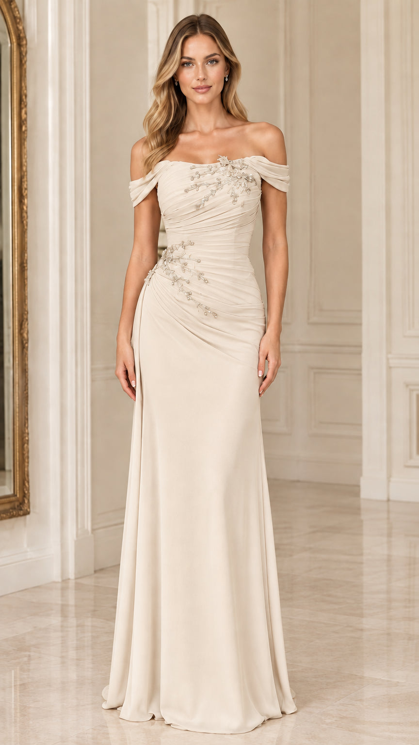 Woman wearing a champagne off-the-shoulder beaded ruched formal evening gown