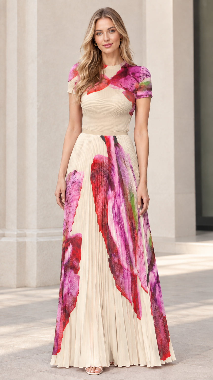 Front view of beige champagne short sleeve pleated floral maxi dress