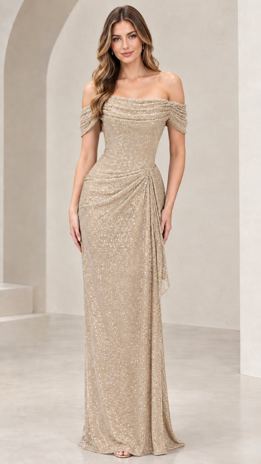 Front view of model wearing champagne gold sequin off-shoulder gown