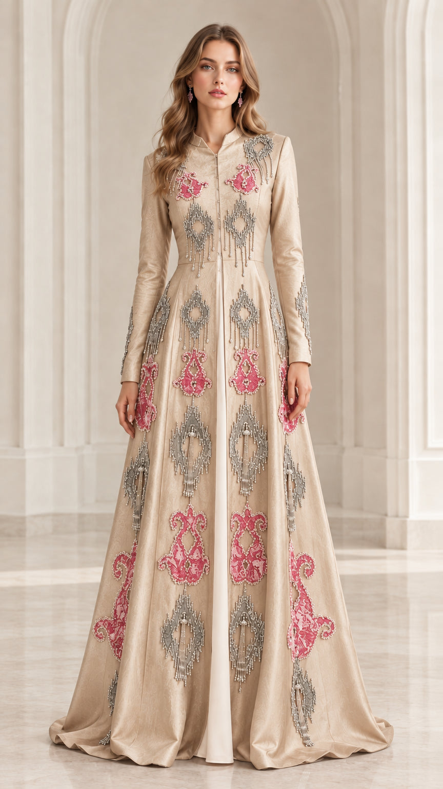 Full-length front view of champagne beige embroidered evening maxi dress