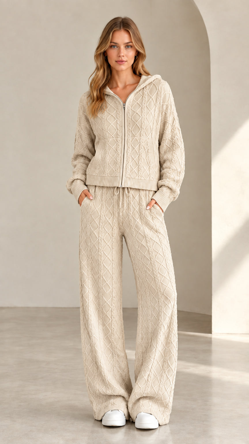 Women's beige cable knit zip-up hoodie and wide leg pants set