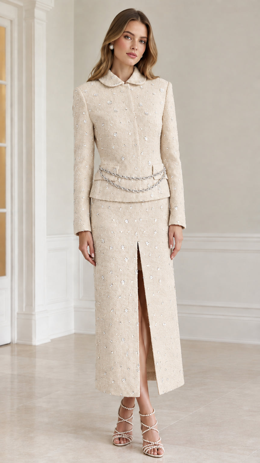 Cream beige embellished tweed blazer and maxi skirt two-piece set