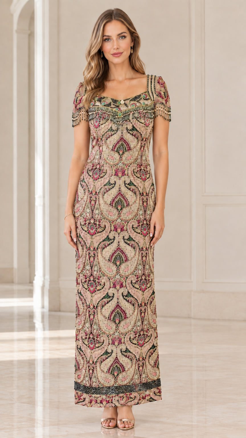 Champagne gold intricate beaded fringe sleeve maxi evening gown
