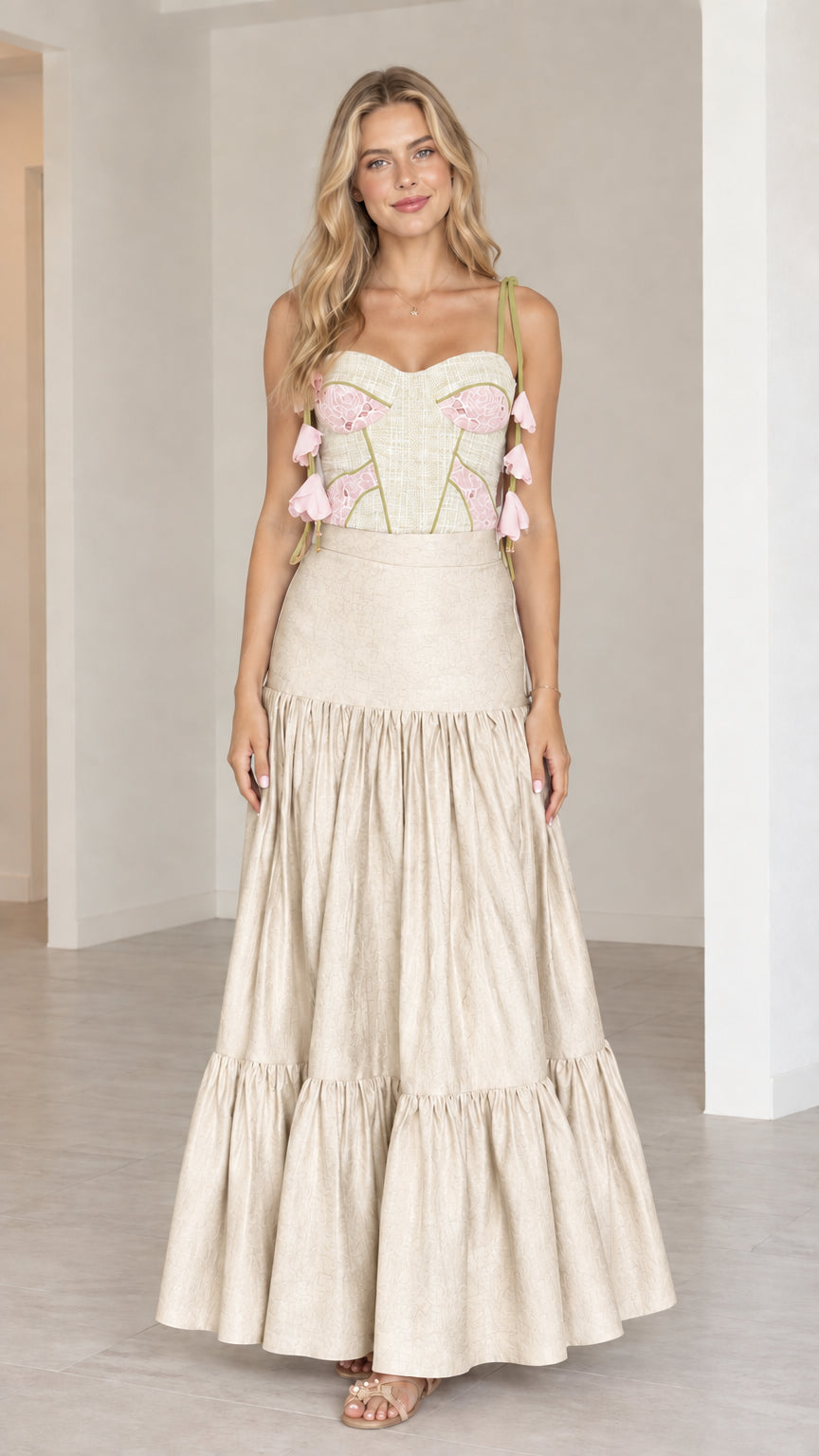 Beige cream embroidered corset top and tiered maxi skirt set