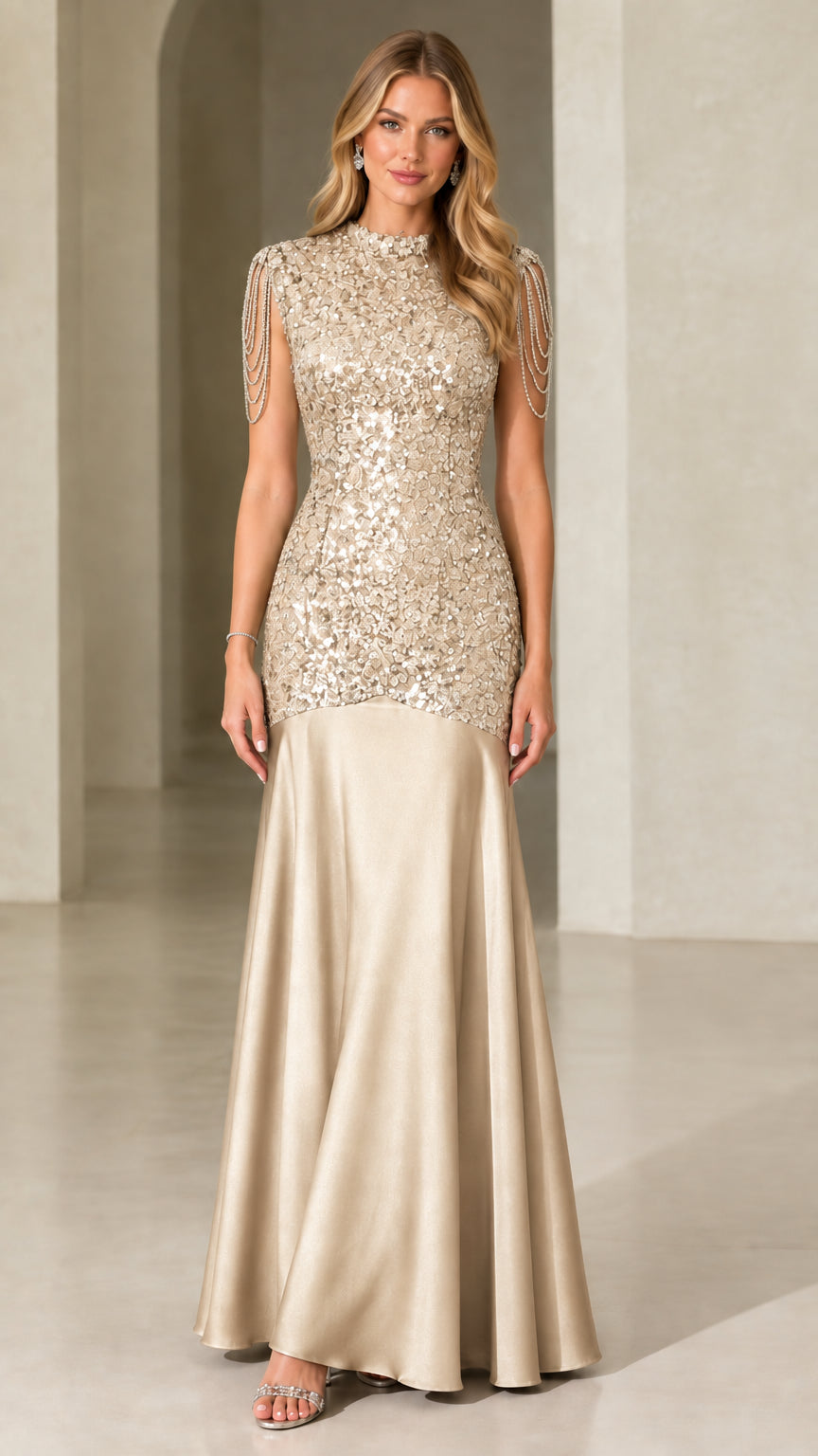 Front view of champagne gold sequin mermaid formal gown