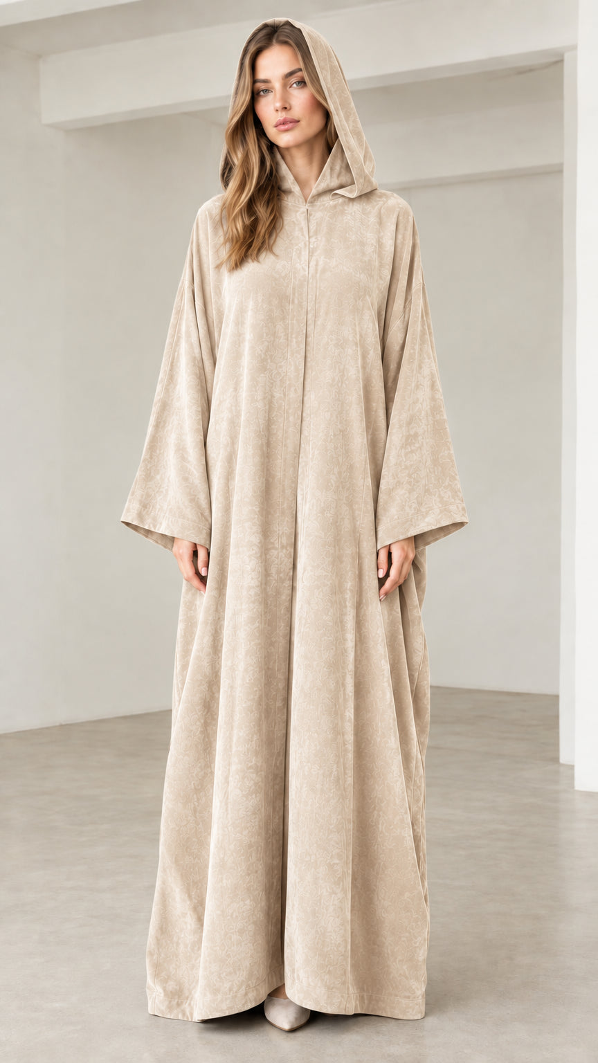 Beige cream hooded long sleeve relaxed maxi dress