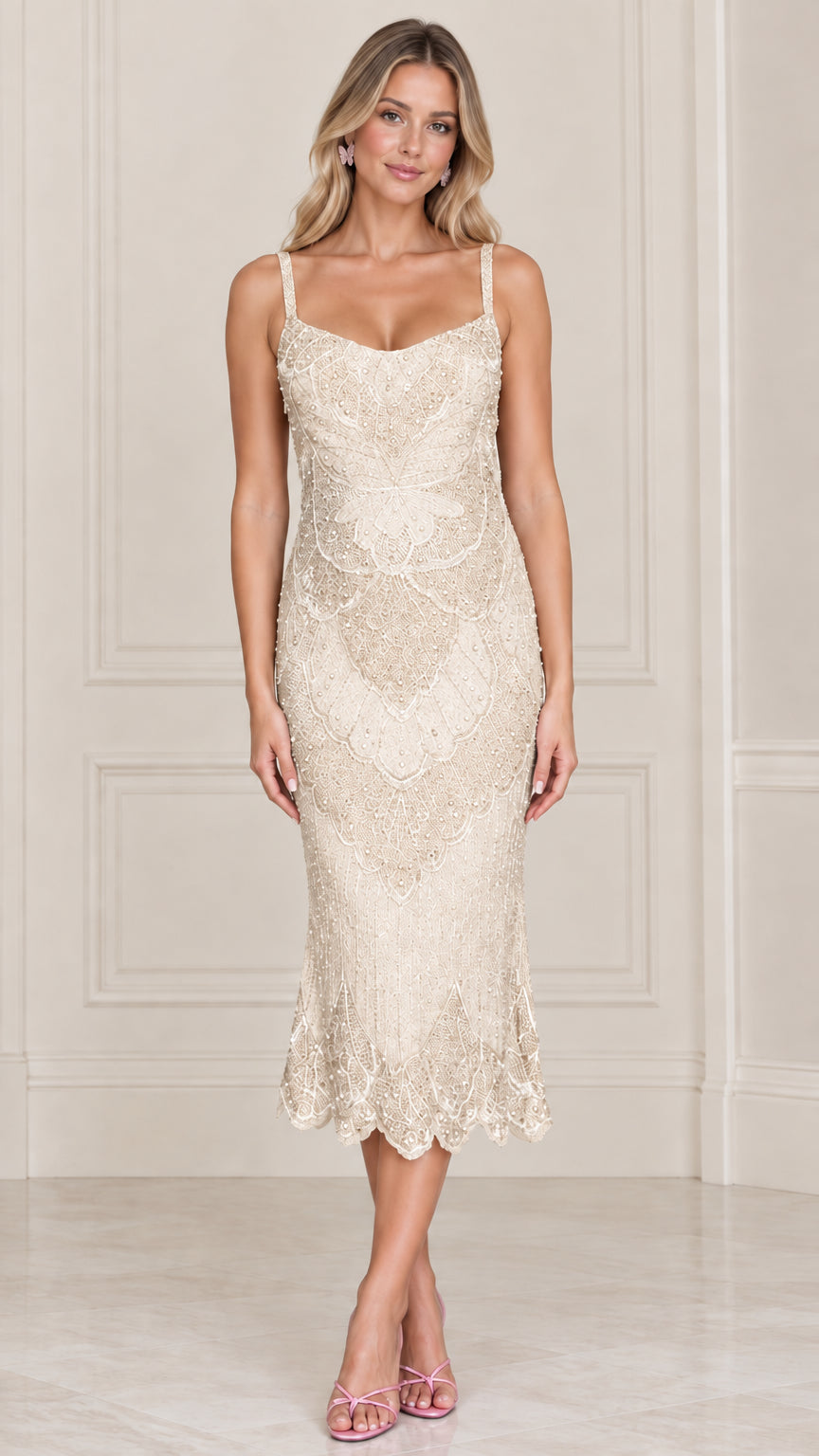 Front view of champagne beaded lace sleeveless midi dress