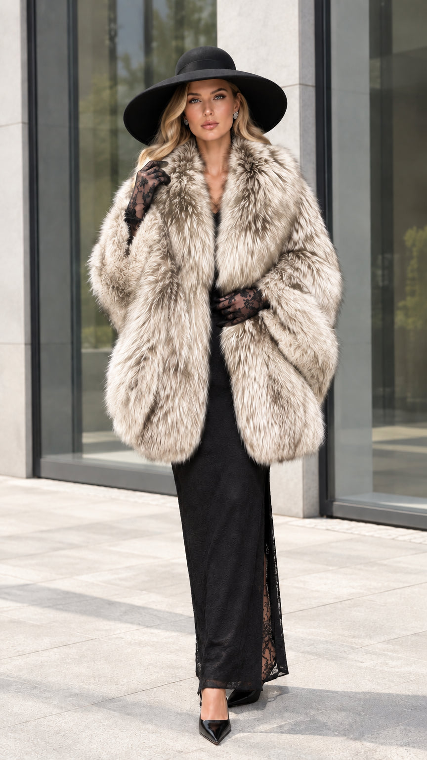 Full front view of model wearing Beige taupe plush faux fur cocoon coat