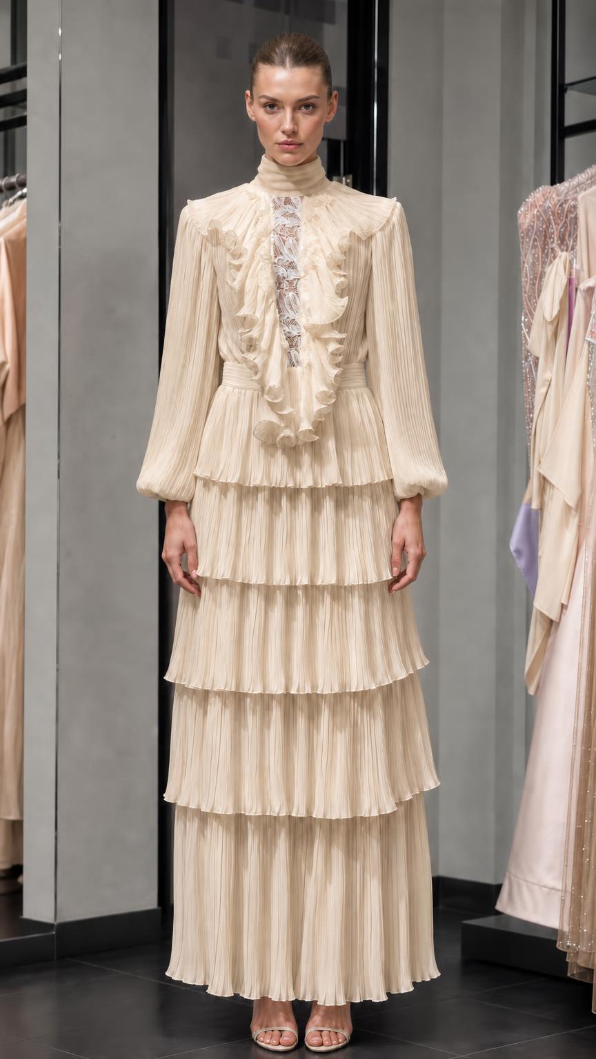 Front view of champagne pleated high-neck maxi dress with ruffles