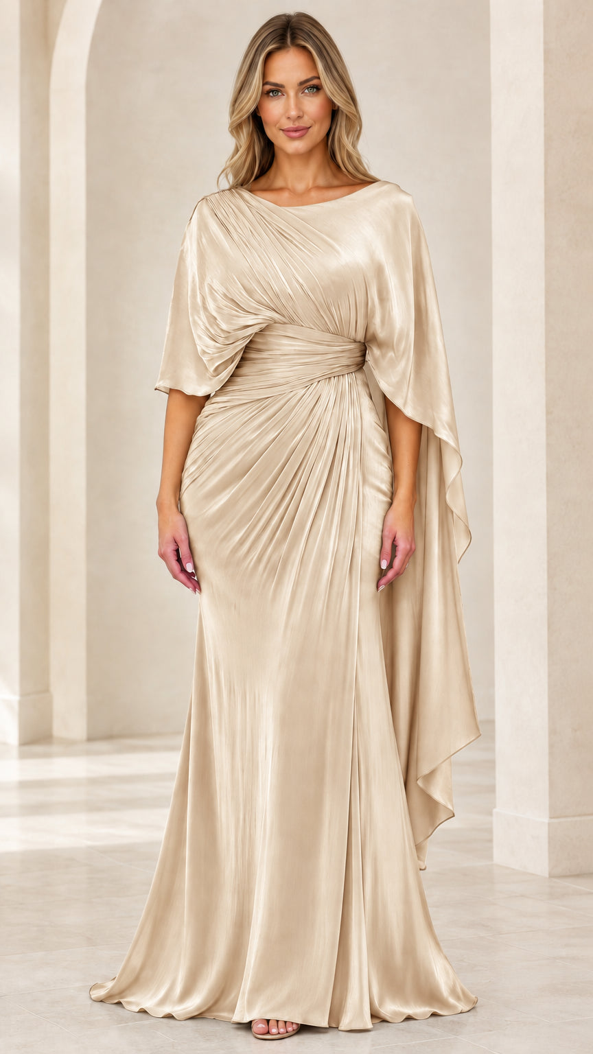 Champagne gold satin cape sleeve floor length evening gown