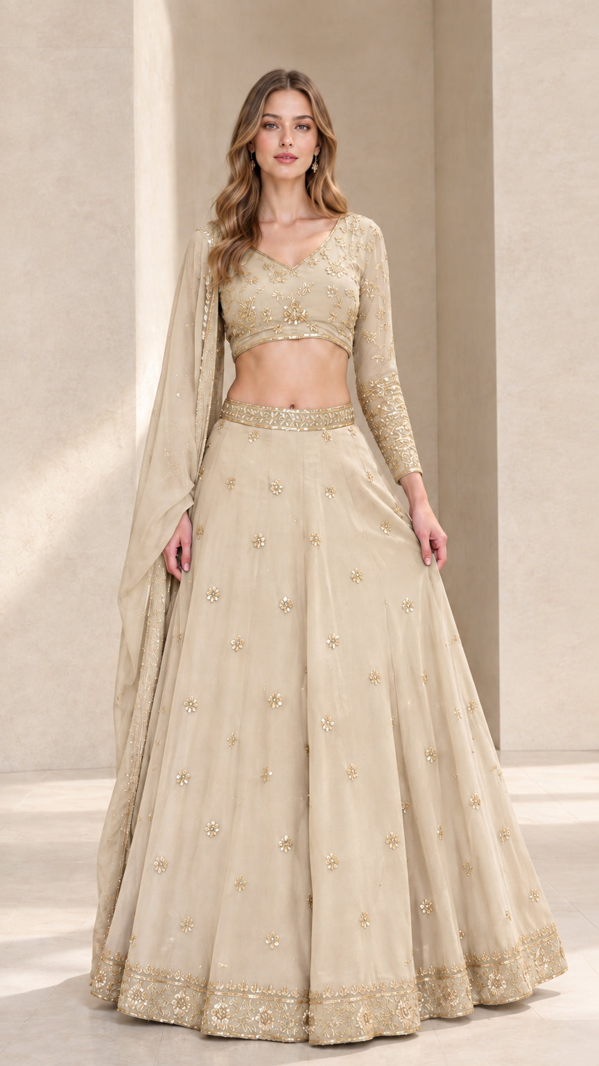 Front full view of champagne beige embroidered lehenga choli set