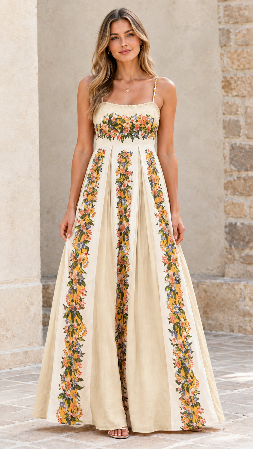 Full-length view of cream floral pleated maxi dress