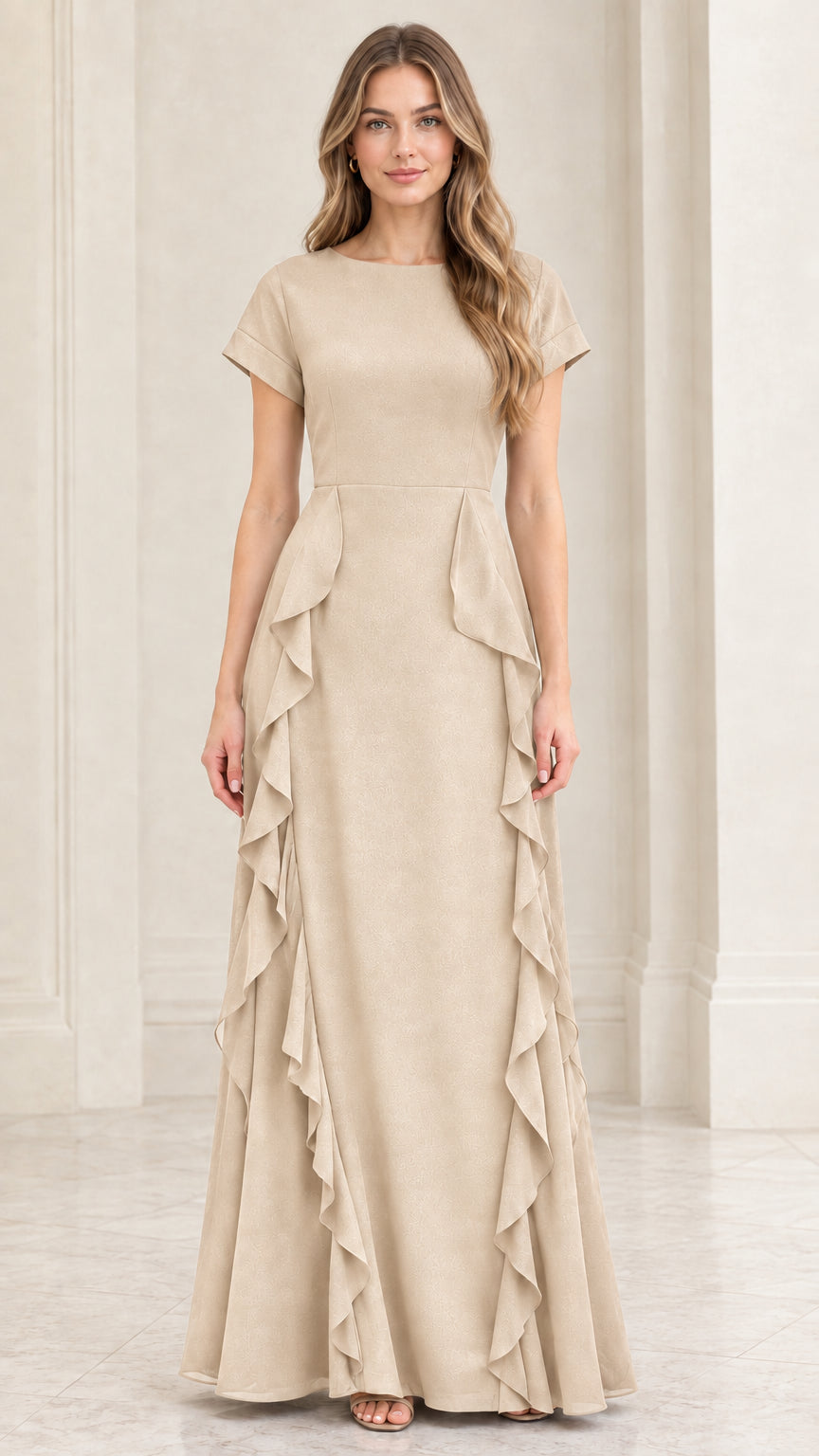 Front full view of champagne beige short sleeve formal maxi dress