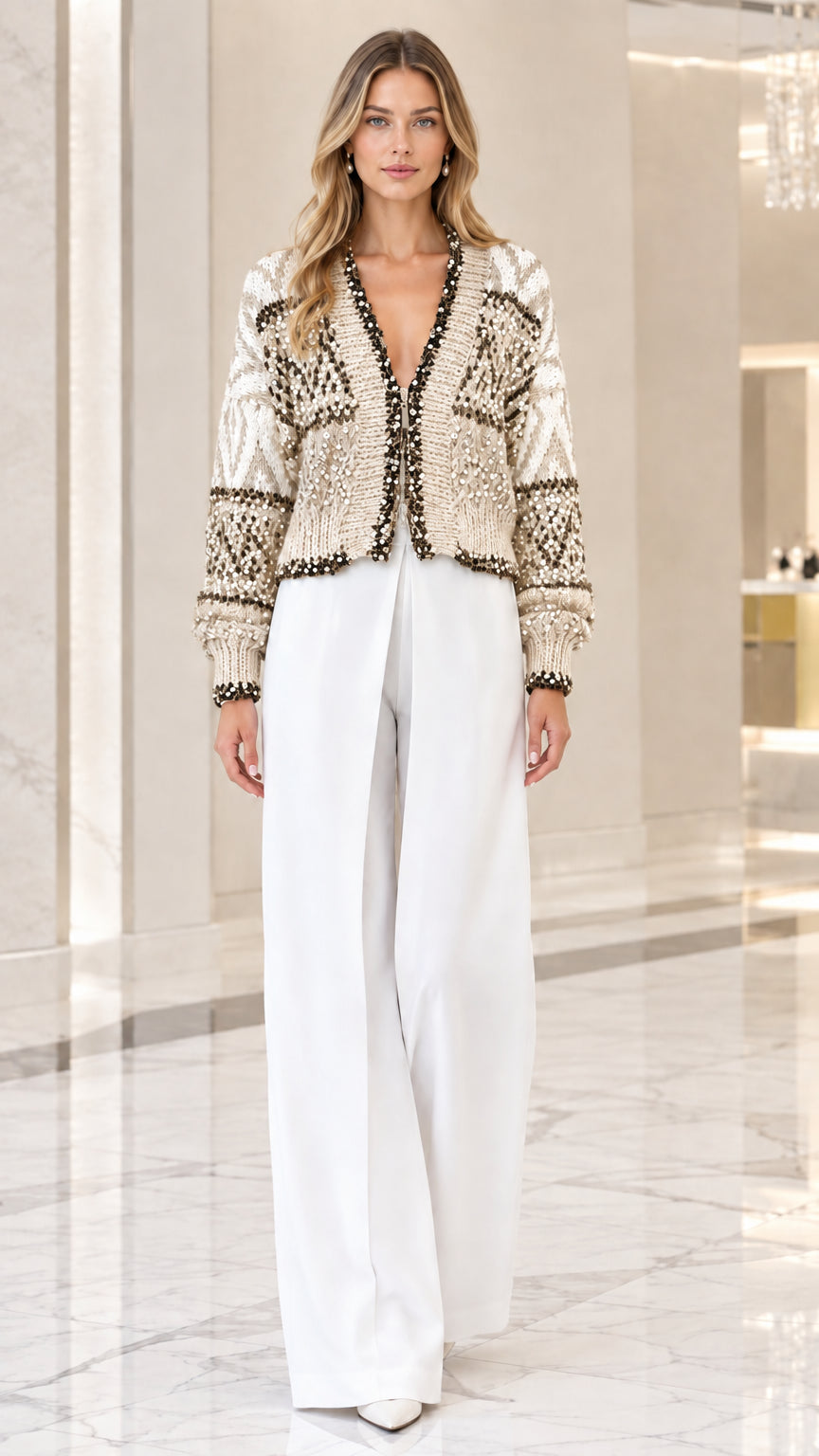 Model wearing cream beige sequin embellished knit cardigan front view