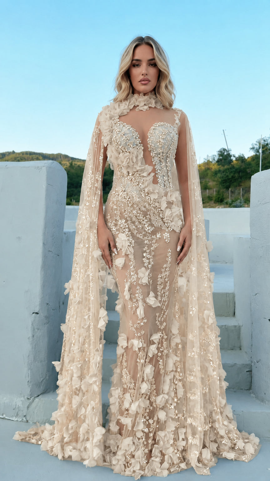 Champagne gold sheer beaded 3D floral evening gown with cape