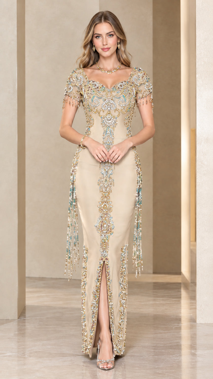 Champagne gold beaded formal gown with intricate embroidery and front slit