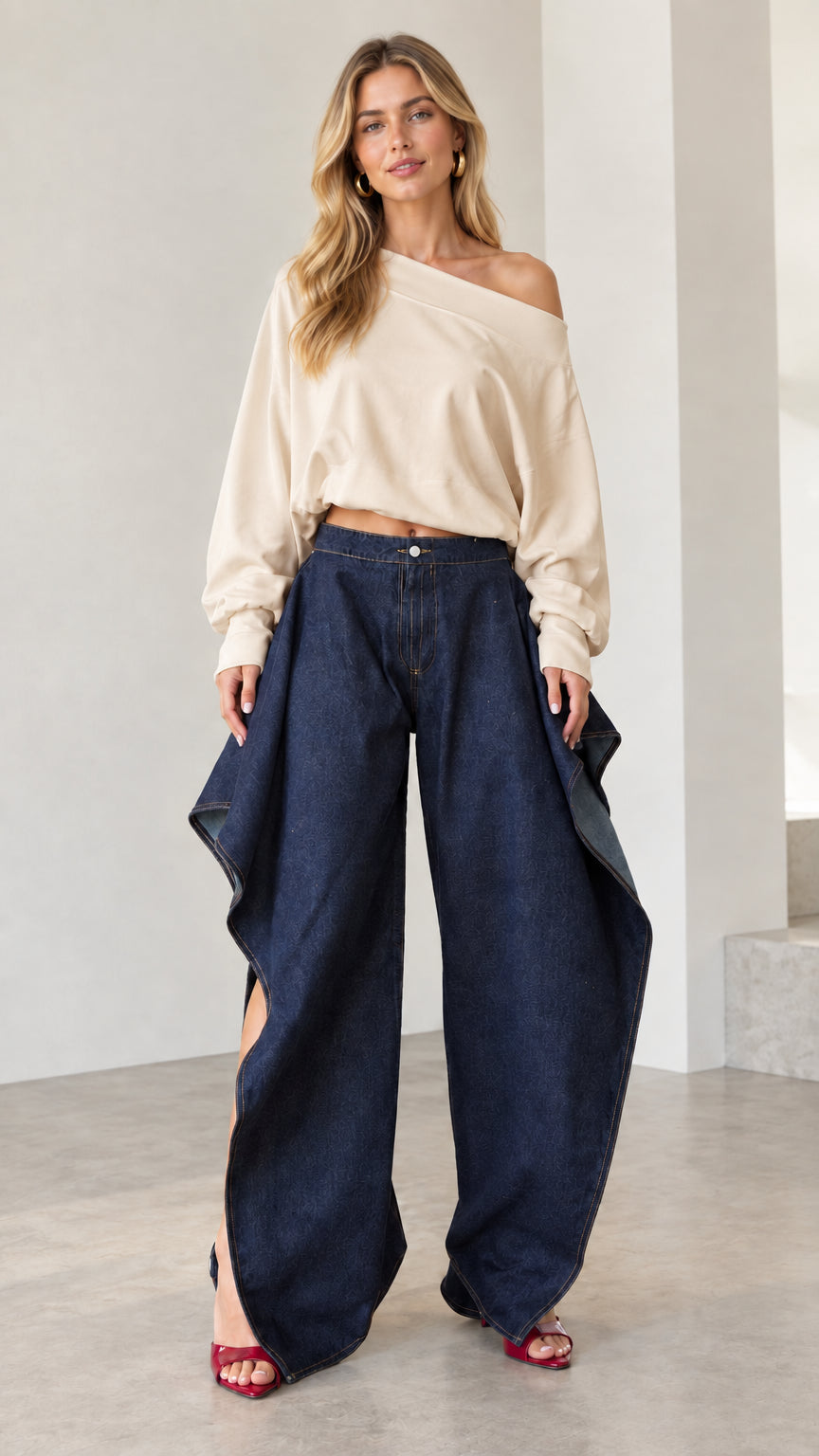 Full front view of dark blue draped wide-leg denim jeans styled with a beige off-shoulder top