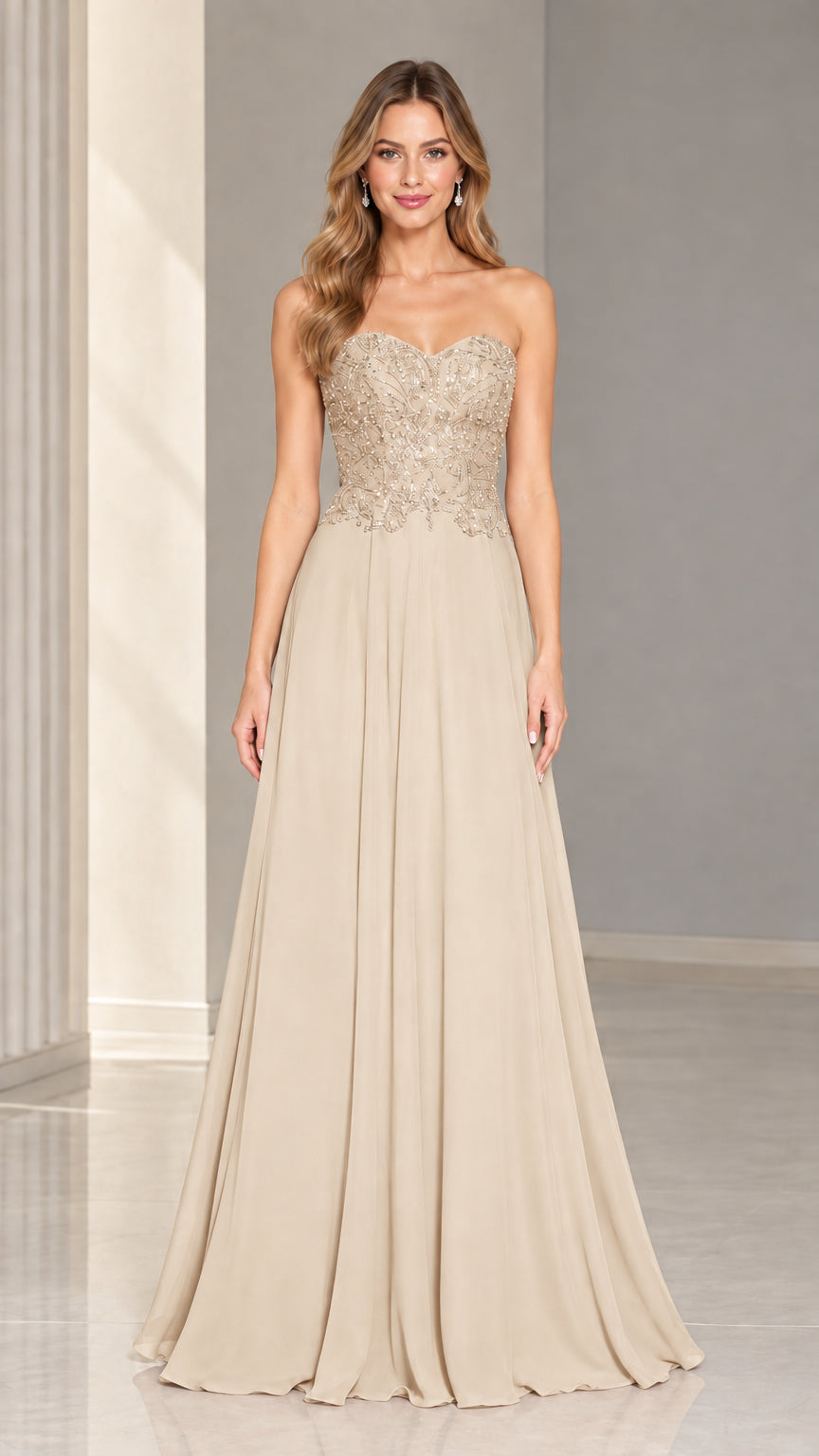 Front view of champagne strapless beaded sweetheart maxi evening gown