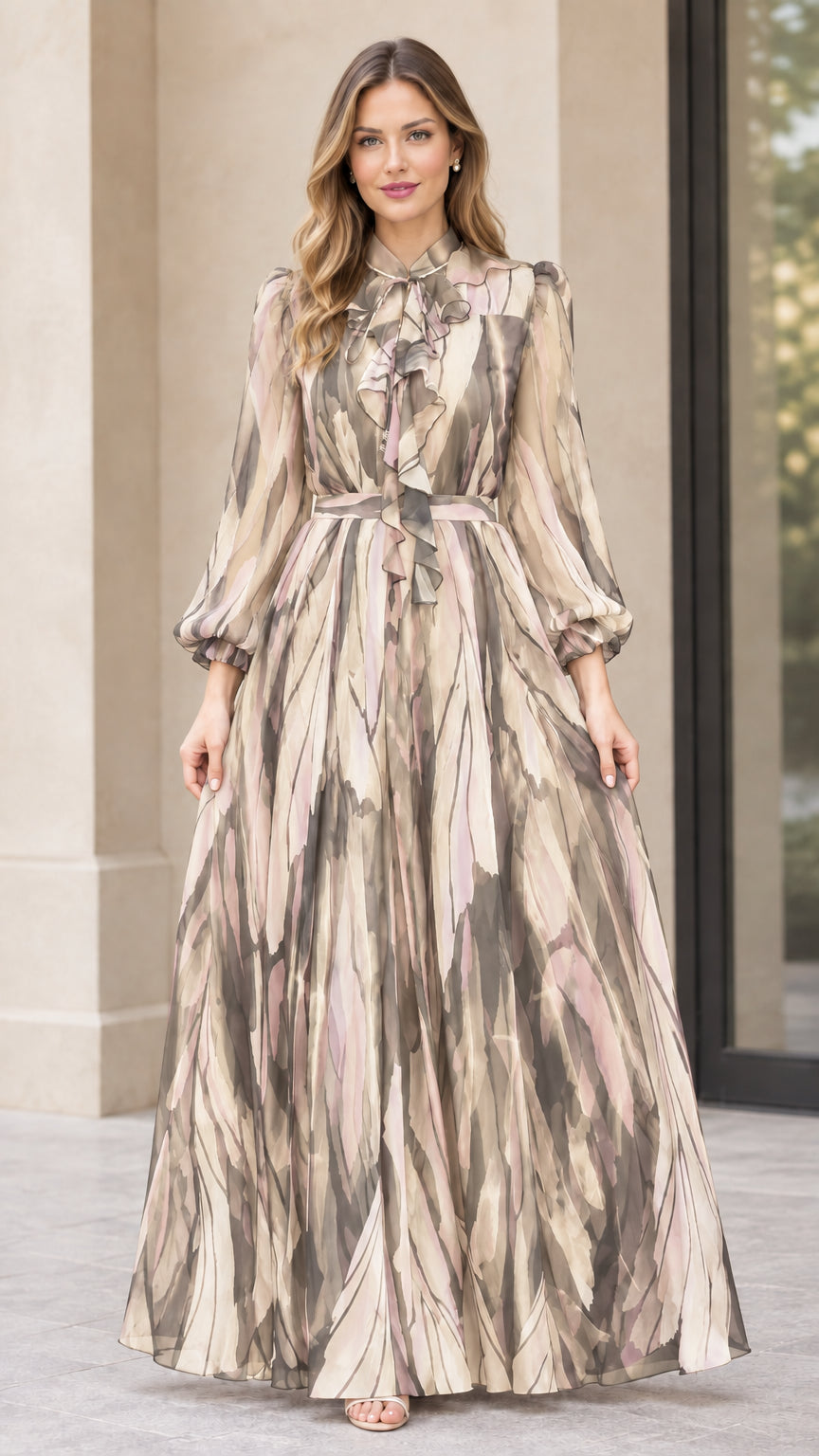 Front view of beige and taupe abstract print long sleeve chiffon gown