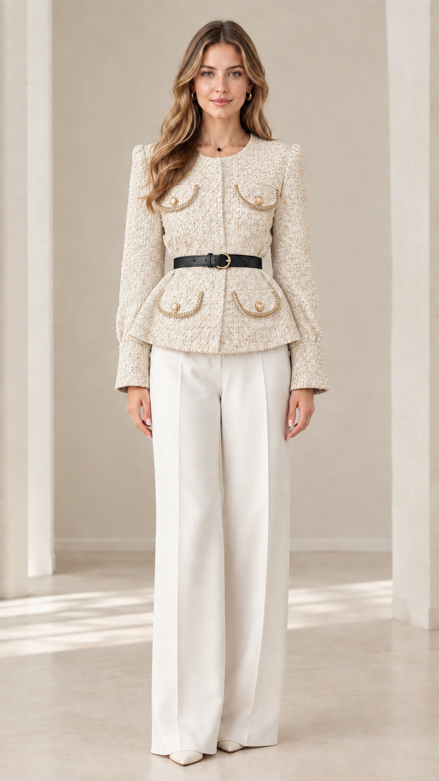 Front view of model wearing elegant cream off-white belted tweed jacket