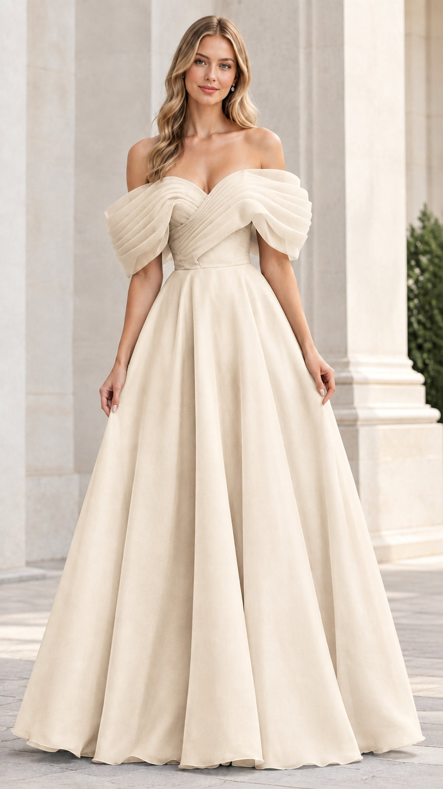 Model wearing a champagne ivory off-the-shoulder pleated evening gown