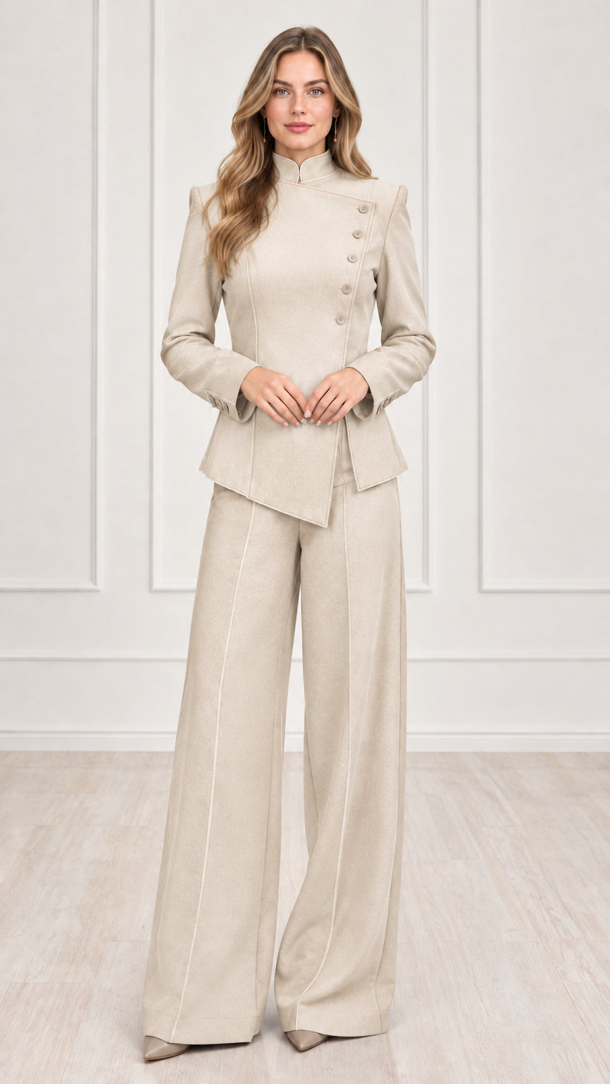 Full length view of women's beige cream asymmetric blazer and wide-leg trouser suit set