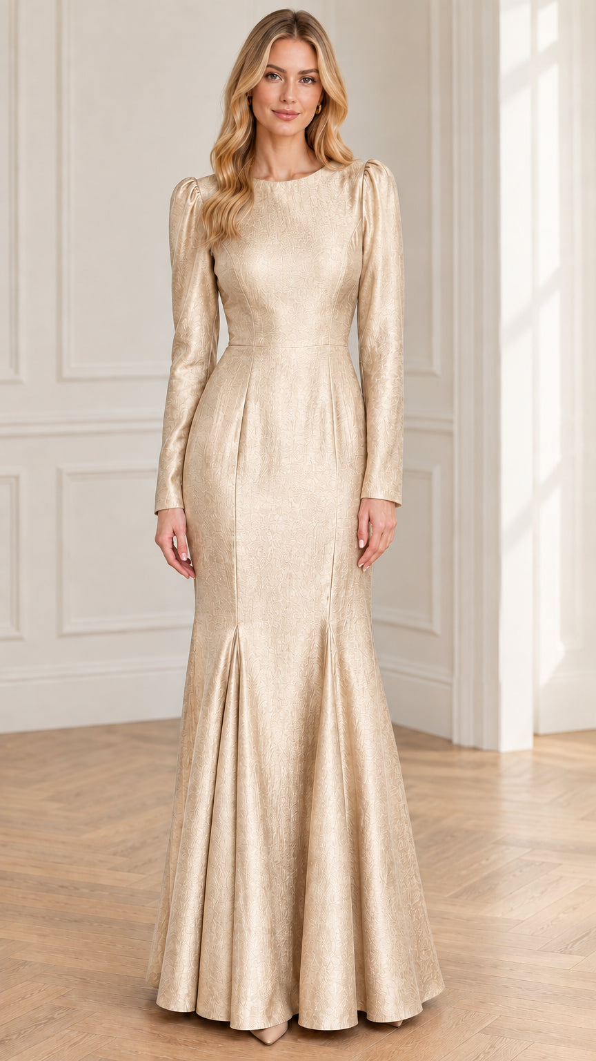 Champagne gold long sleeve jacquard trumpet formal maxi gown