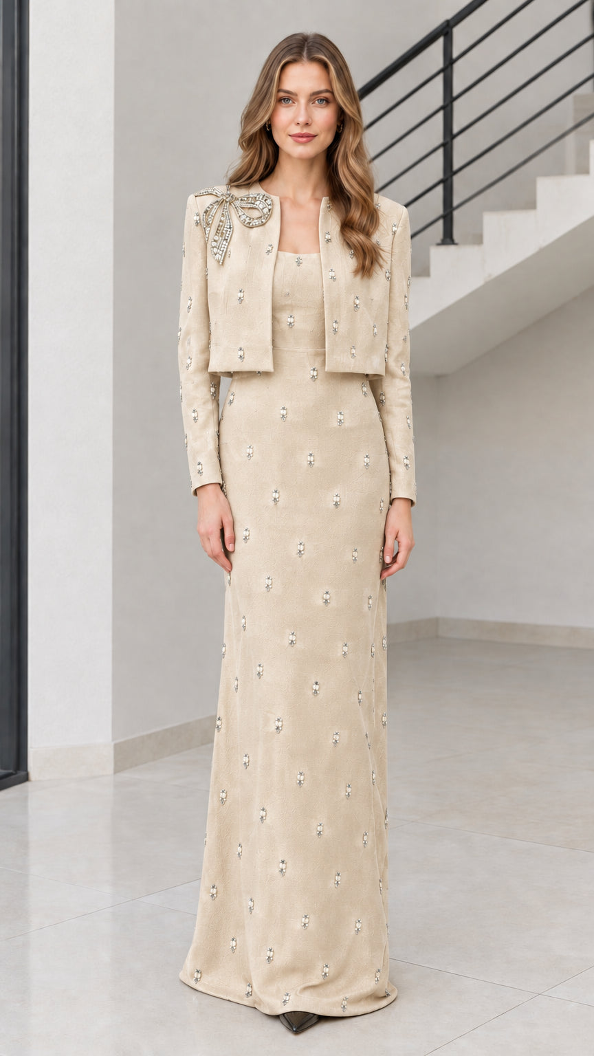 Champagne beige two-piece formal column dress and matching jacket set