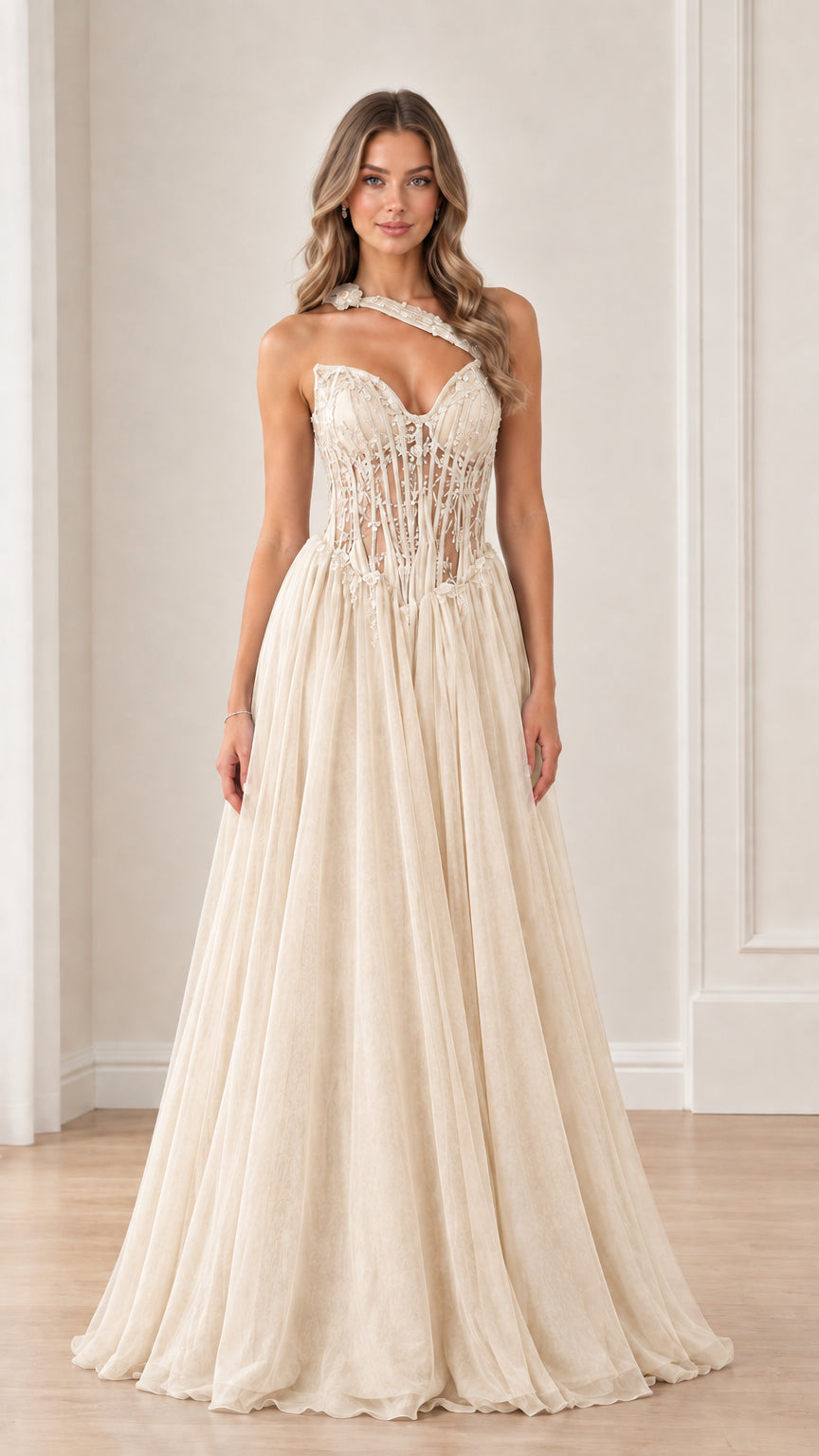 Model wearing Champagne ivory one-shoulder beaded corset evening dress